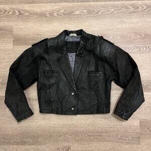 Vintage Express‎ Genuine Leather Cropped Blazer Jacket Black Distressed